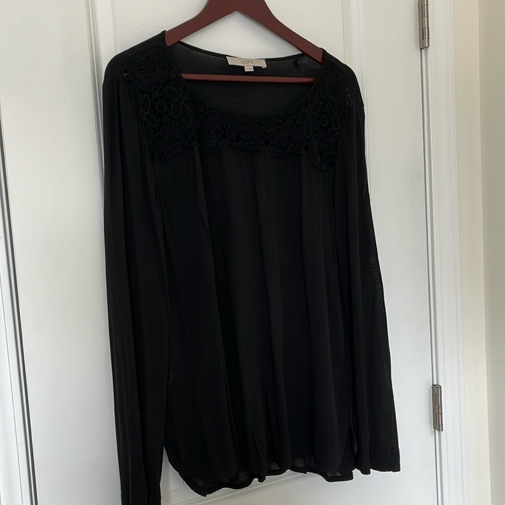 Loft Black Long-Sleeved Top with Lace Neckline